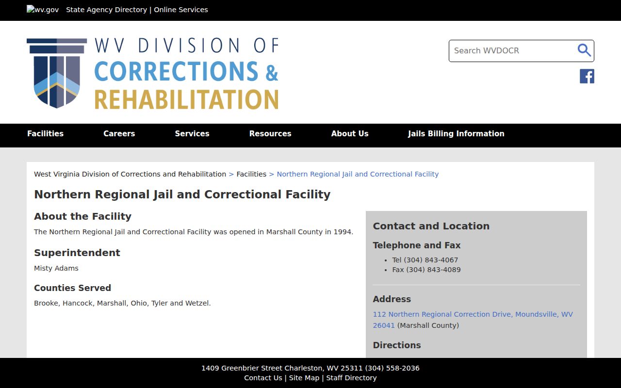 Northern Regional Jail for Marshall County arrest custody