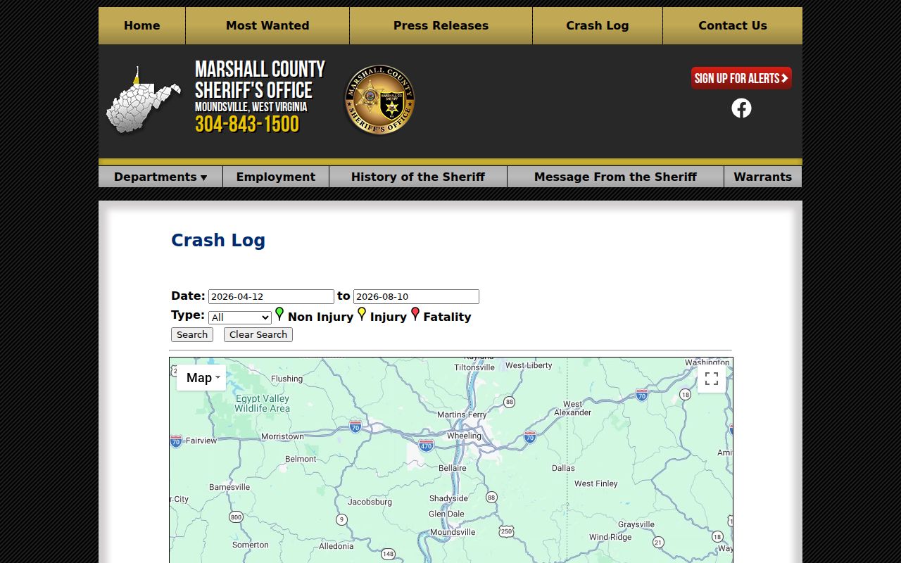 Marshall County Sheriff crash log filters not arrest history