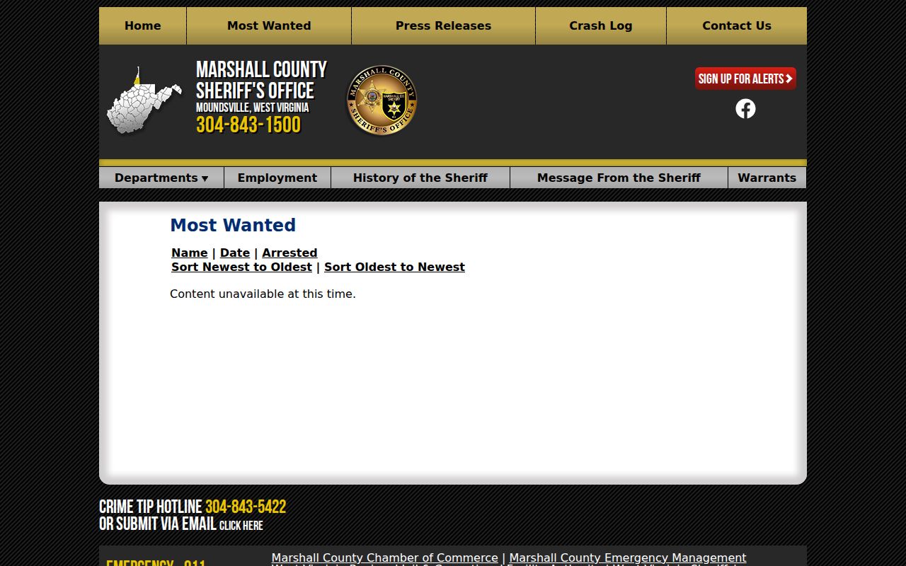 Marshall County criminal warrant and most wanted controls