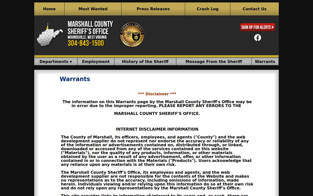 Marshall County criminal warrant verification page