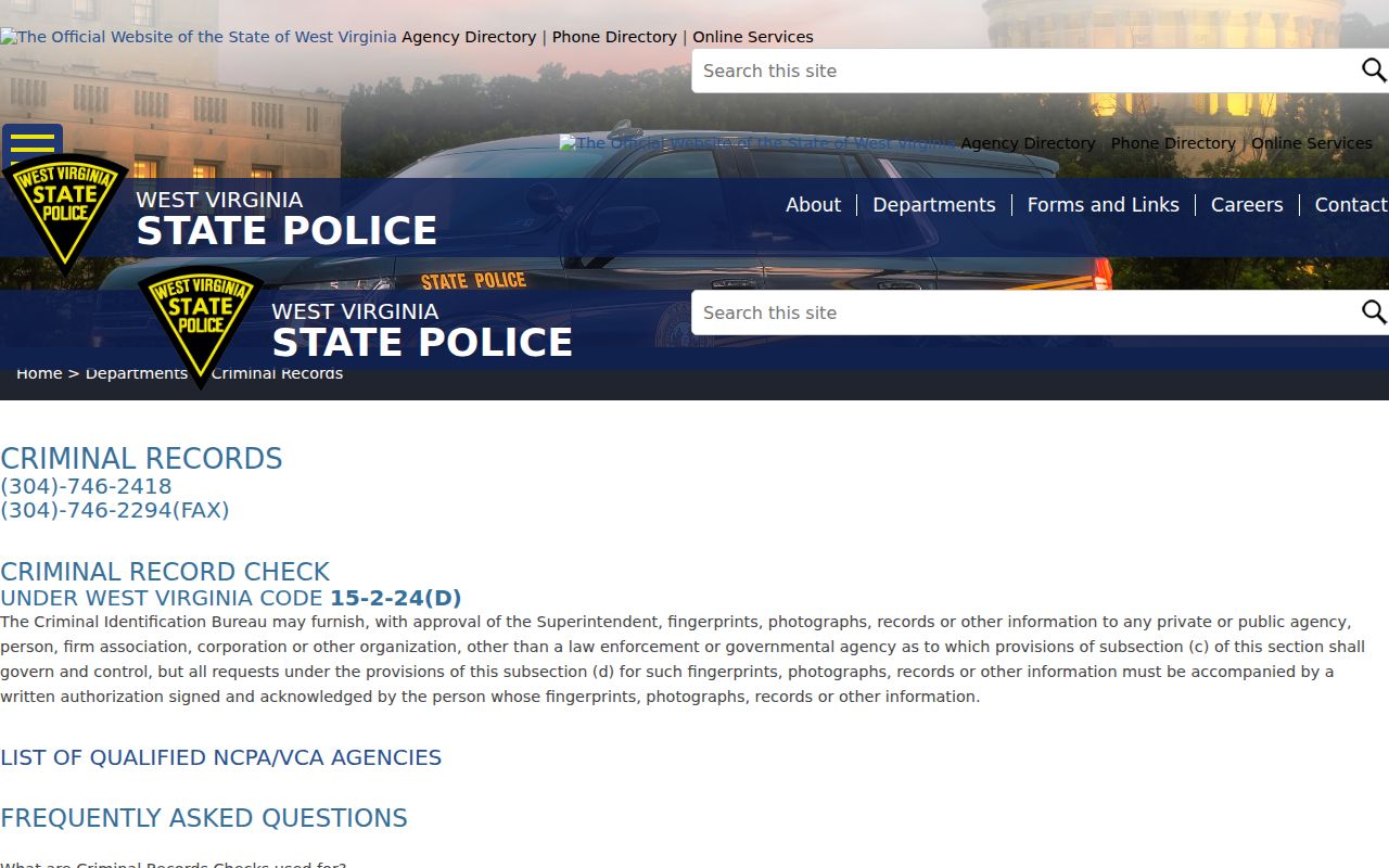 West Virginia State Police criminal history instructions for Marshall County